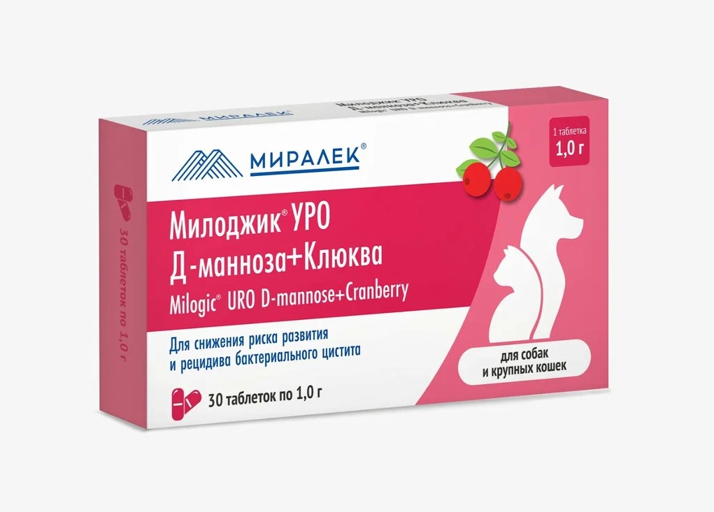 Милоджик УРО Д-манноза+клюква таблетки для собак и крупных кошек 30 таблеток